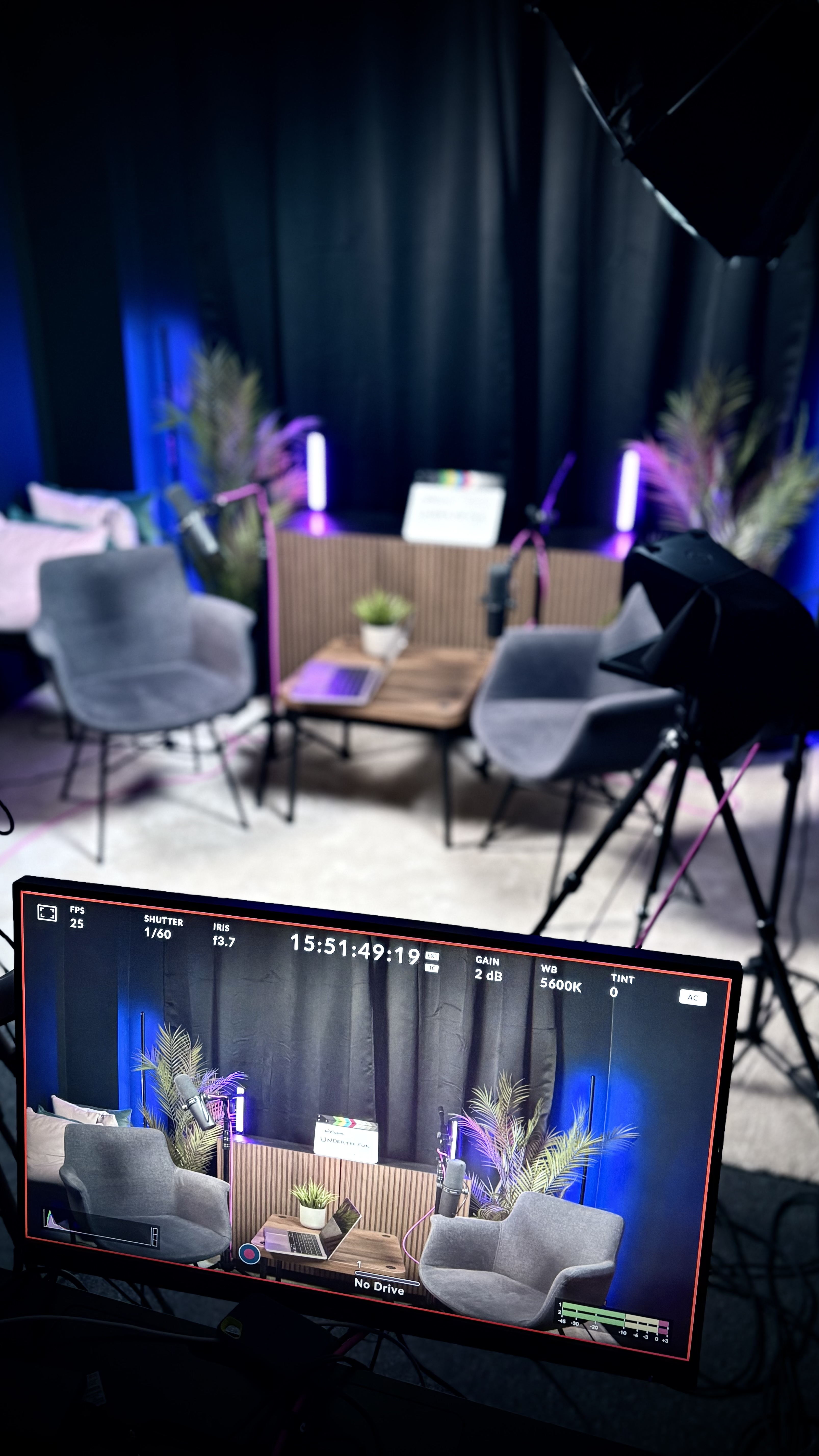 Camera monitor showing the Bracknell Podcast Studio recording setup