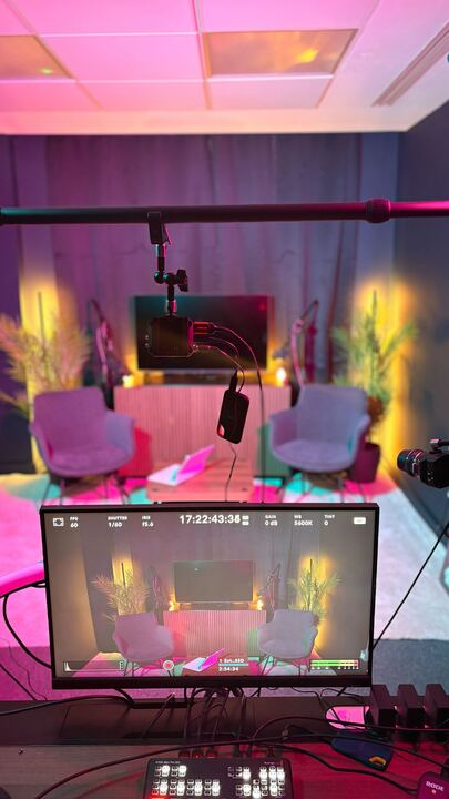 Behind-the-scenes view of cameras and lighting in Bracknell Podcast Studio